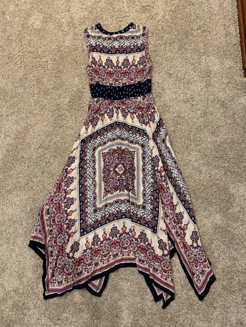 Boho Handkerchief Hem Maxi Dress Sleeveless Smocked Waist Size S - Picture 4 of 6